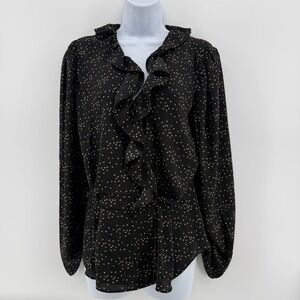 Cabi Blouse Women M Black Heart Print Polyester Ruffle Neck 4154